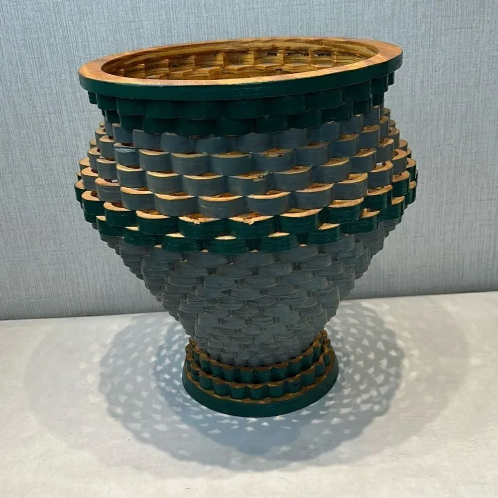 Vintage Handcrafted Wooden Decorative Tornado Bowl Vase Scroll Saw Scalloped